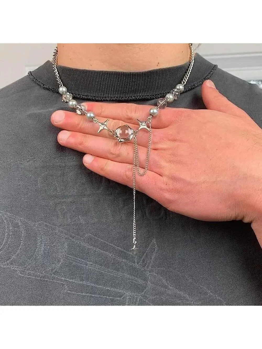 Cyber y2k grunge silver and beaded futuristic glass opal pendant necklace.